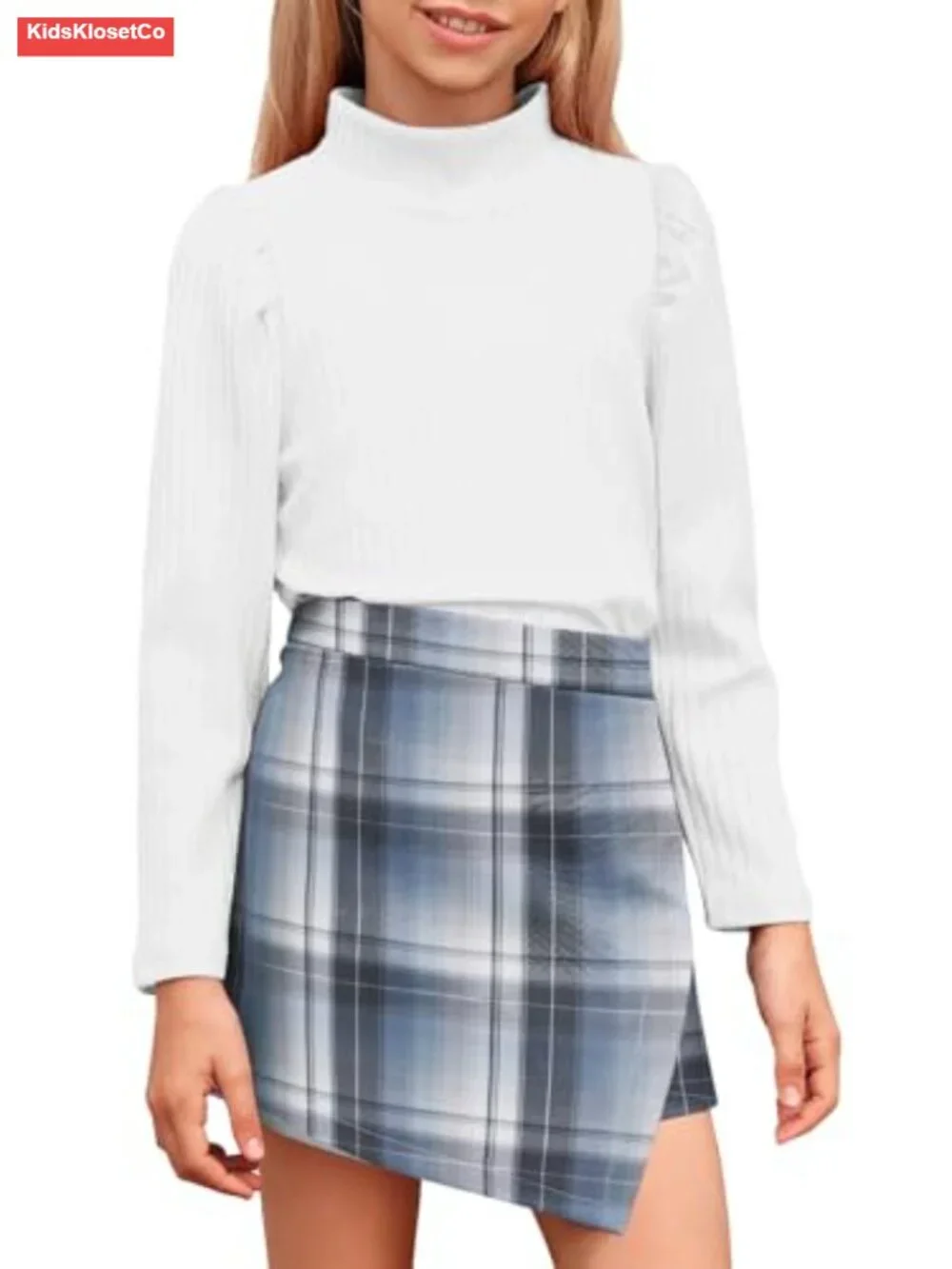 Girls 2 Piece Christmas Outfit Long Sleeve Ribbed Turtleneck Top & Plaid Skort